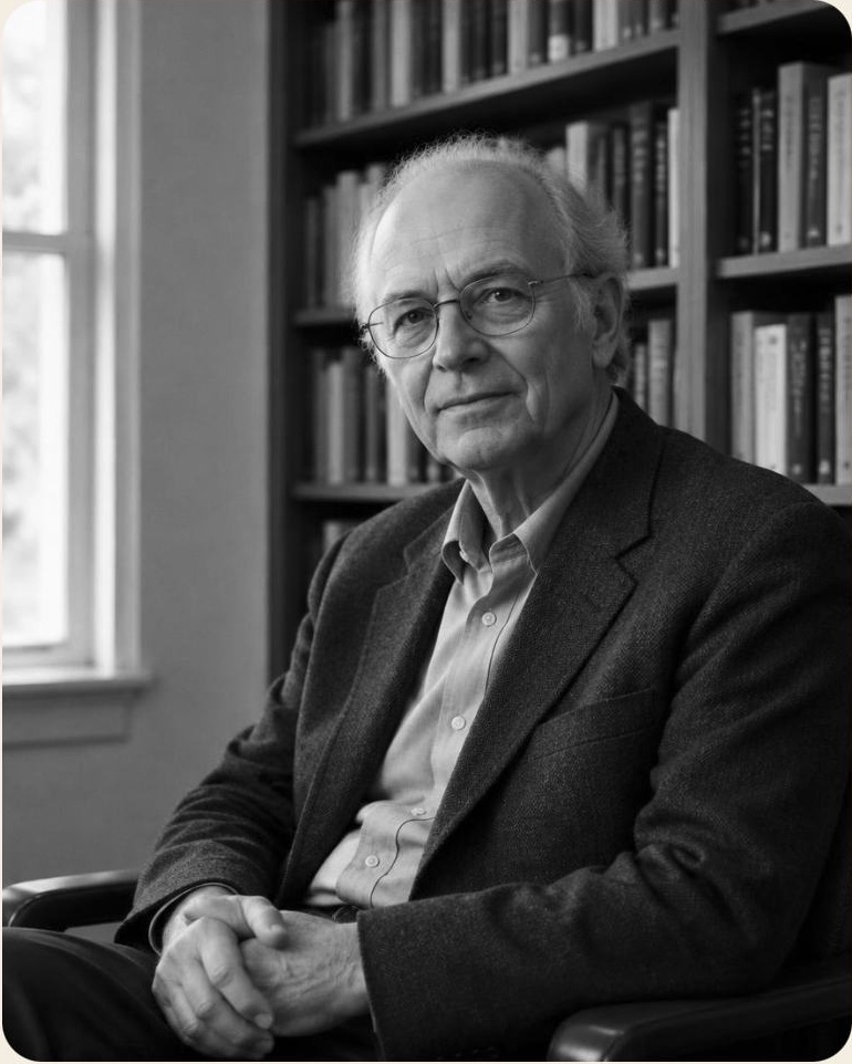 Peter Singer seated beside bookshelves