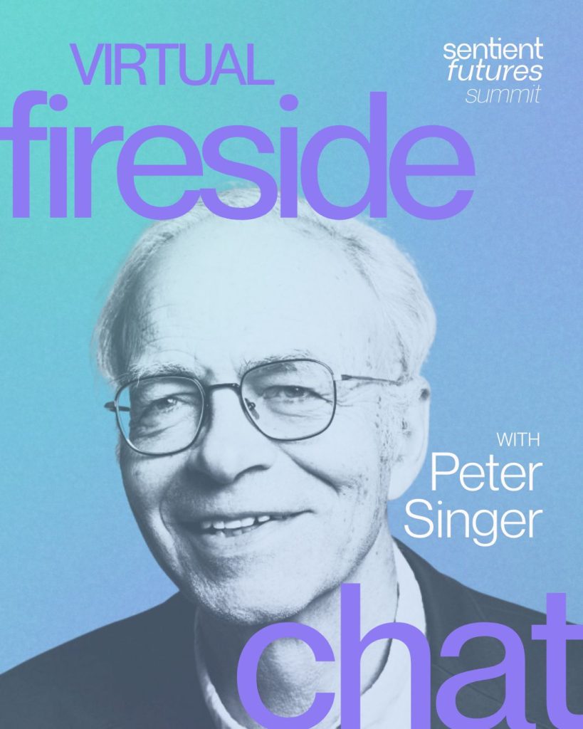 Official Sentient Futures Summit promotional poster for the virtual fireside chat with Peter Singer.